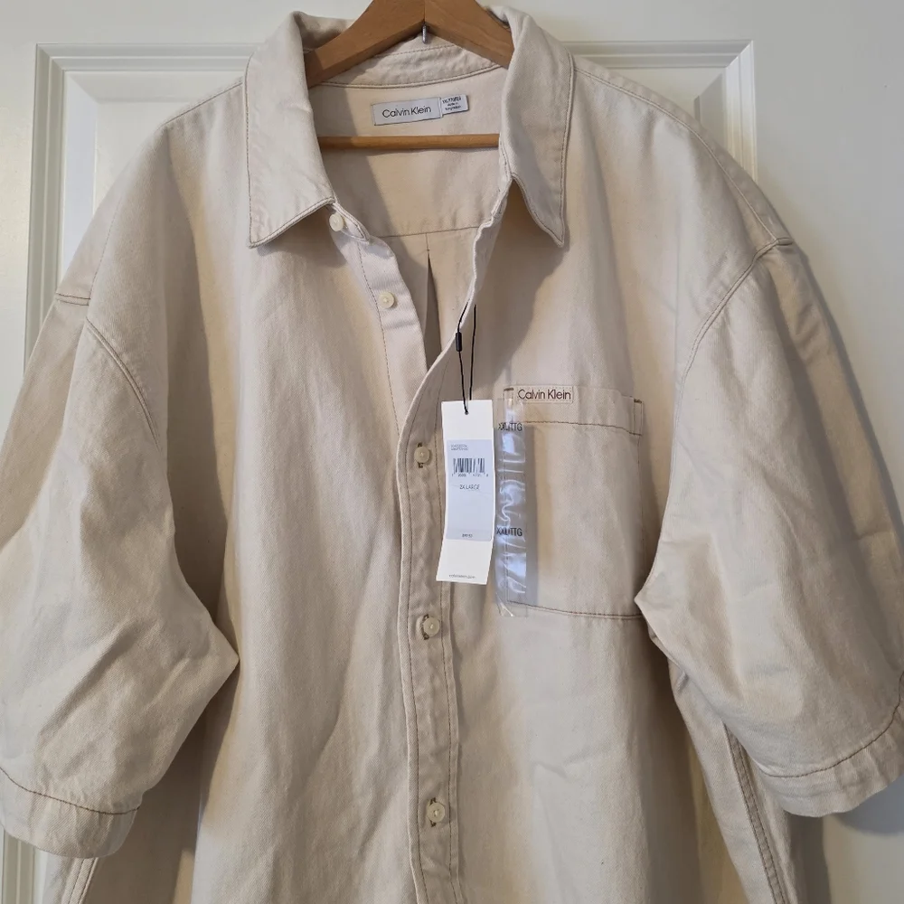 Calvin Klein Button Up Camp Shirt Collared Shortsleeve Mens XXL Cream Cotton - Picture 2 of 7